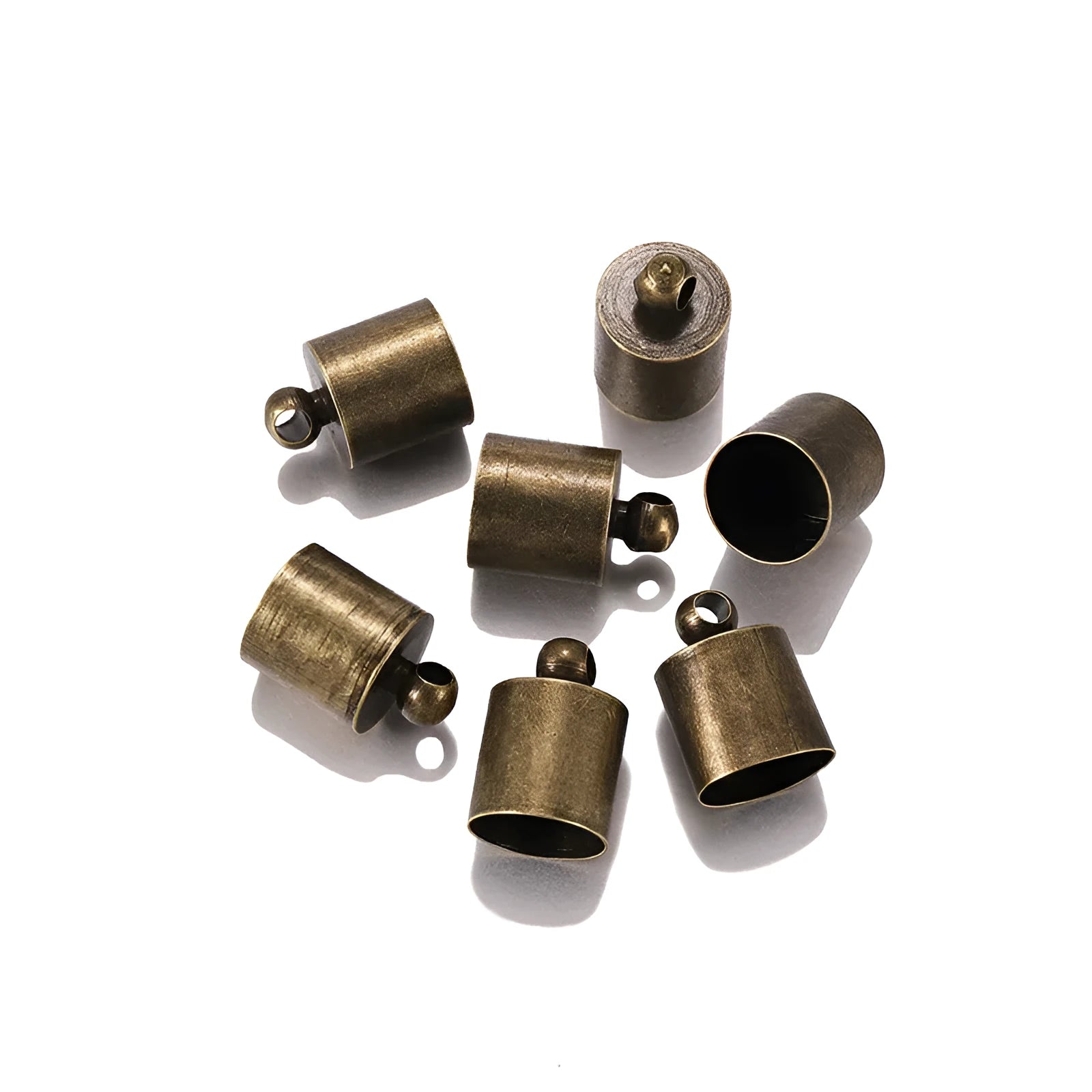Assortment of multi-colour electroplated copper weight caps and bell caps in various sizes for crafting.