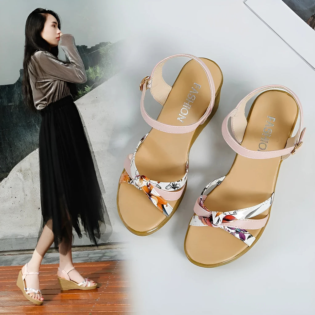 Women's pink PU wedge sandals with a fish mouth style and buckle closure on a non-slip sole.