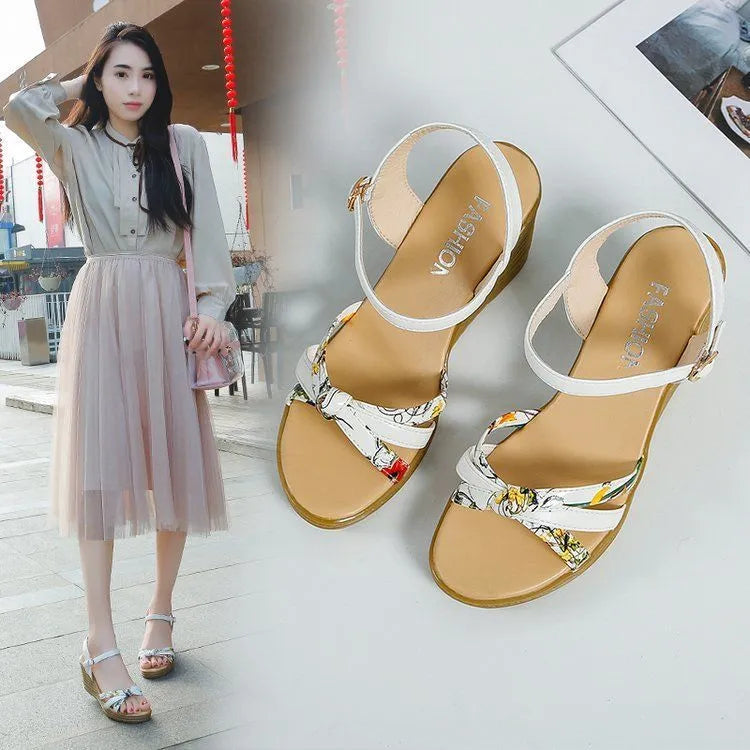 Women's pink PU wedge sandals with a fish mouth style and buckle closure on a non-slip sole.