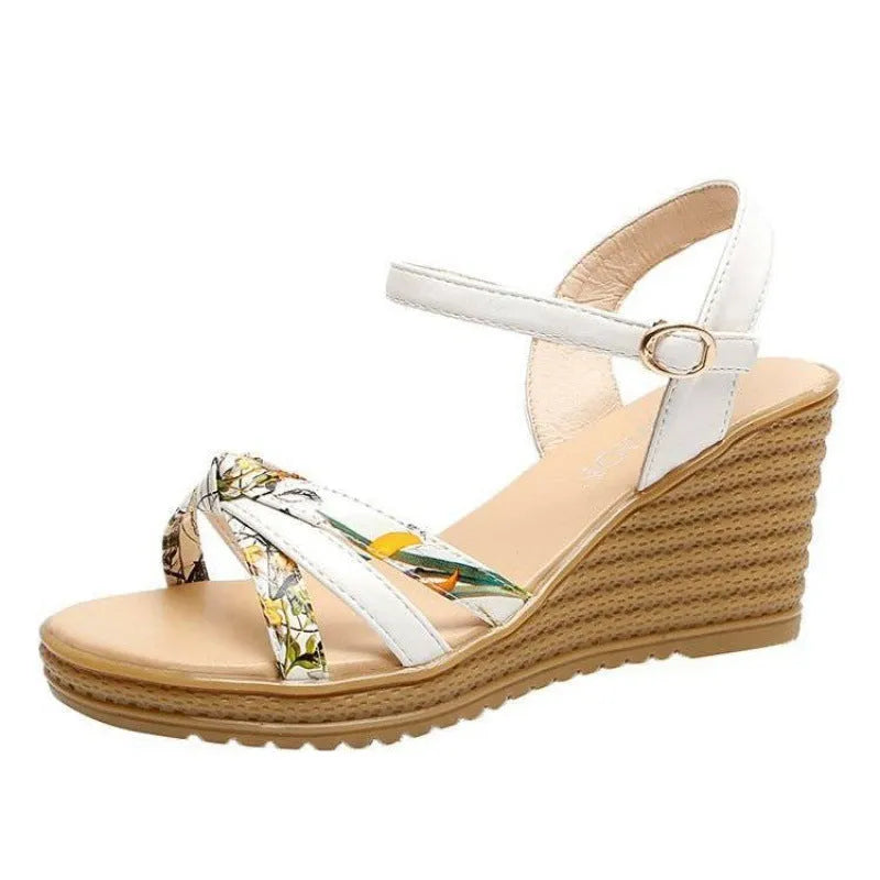 Women's pink PU wedge sandals with a fish mouth style and buckle closure on a non-slip sole.