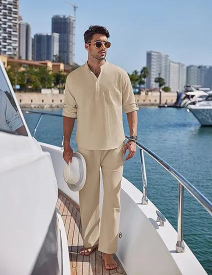 Men's casual cotton trousers suit in a solid colour, showing long sleeve top and matching trousers
