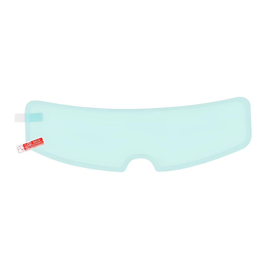 Blue motorcycle helmet waterproof rainproof anti-fog film with nano ceramic scratch resistant layer on a table.
