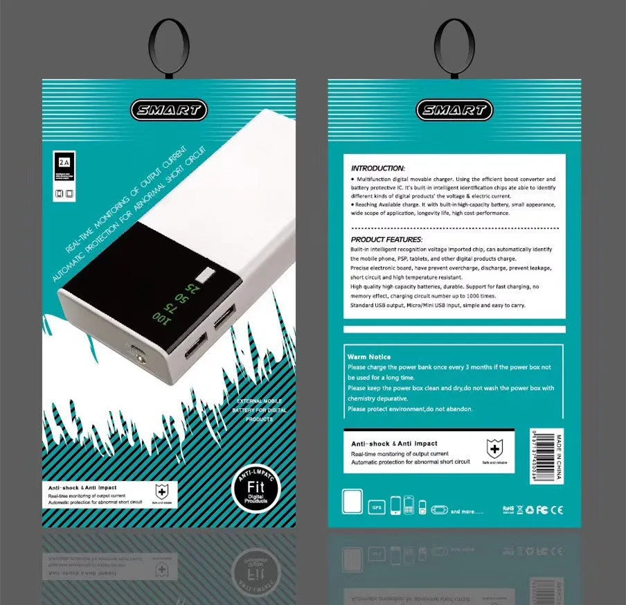 Black 20000mAh power bank with charging cable showing aluminium shell construction