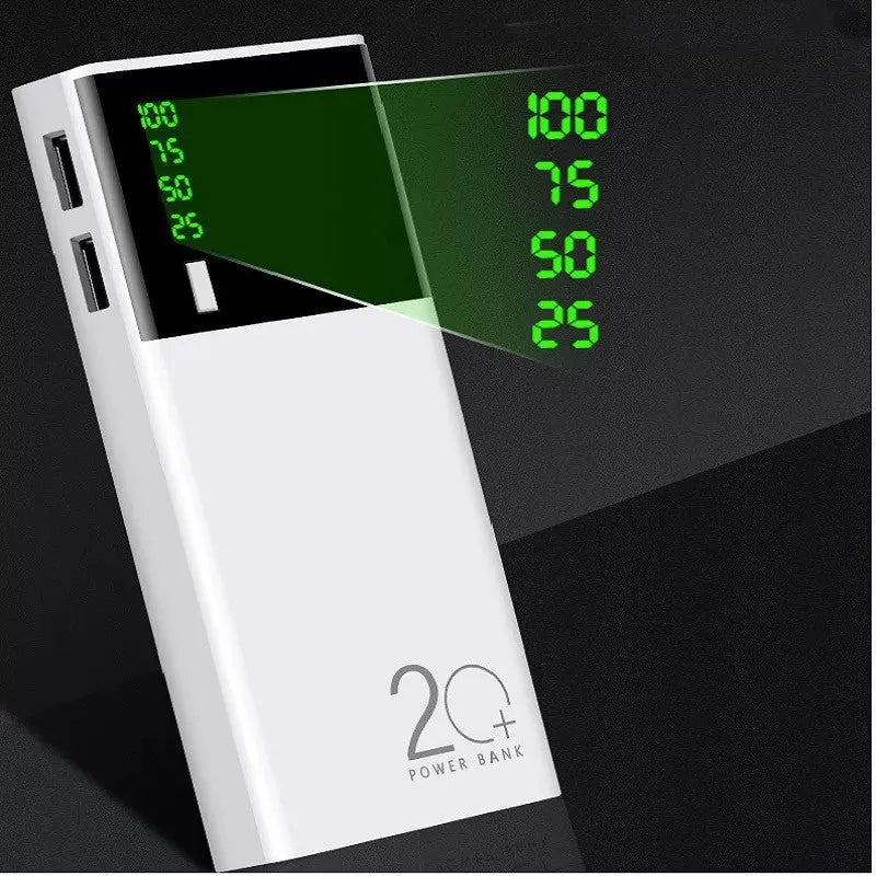 Black 20000mAh power bank with charging cable showing aluminium shell construction