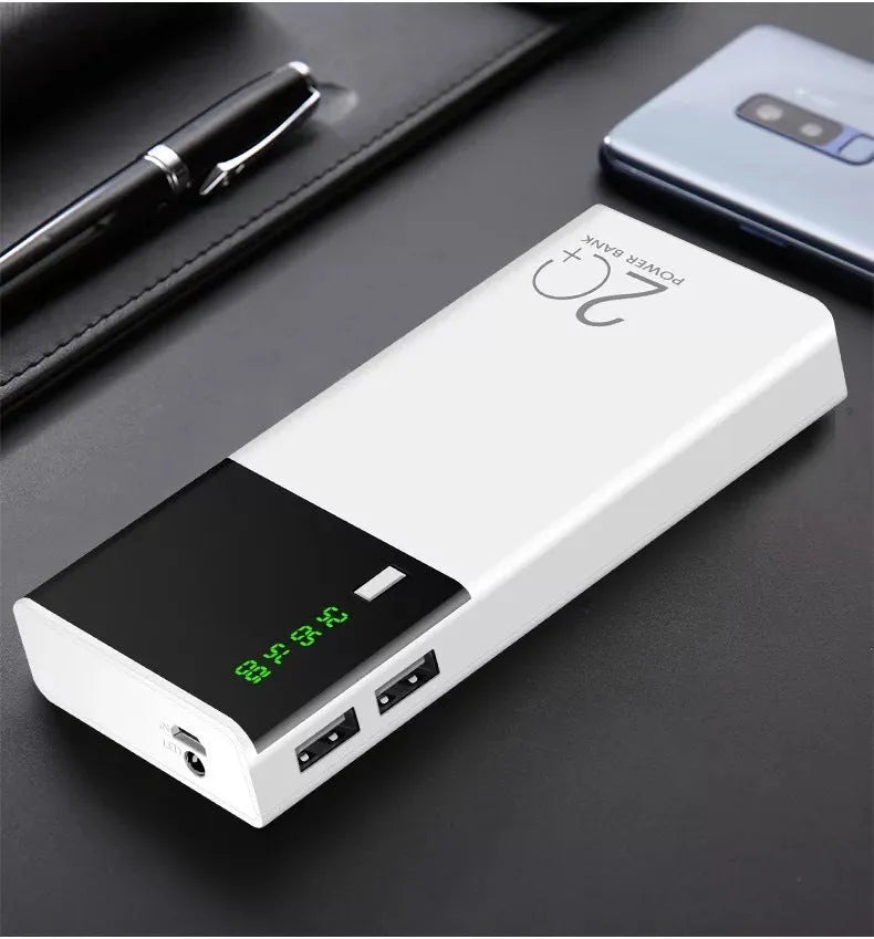 Black 20000mAh power bank with charging cable showing aluminium shell construction