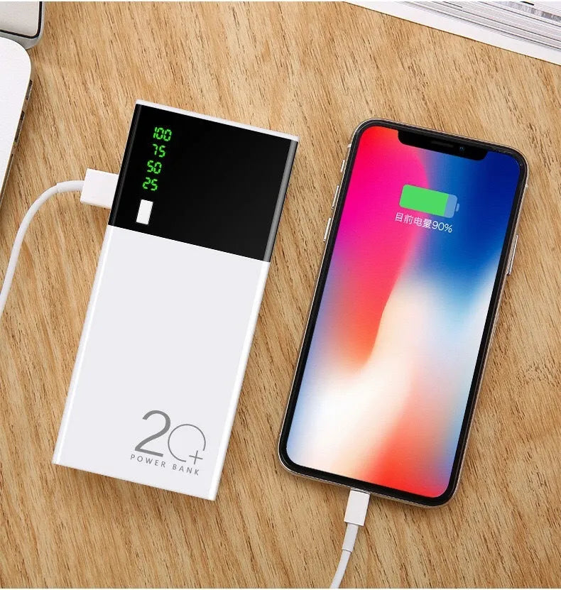 Black 20000mAh power bank with charging cable showing aluminium shell construction