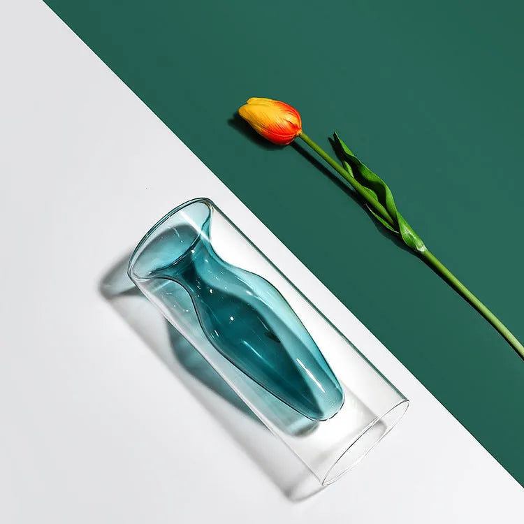 Small transparent glass vase in candy colour with double layer blowing process for home decoration
