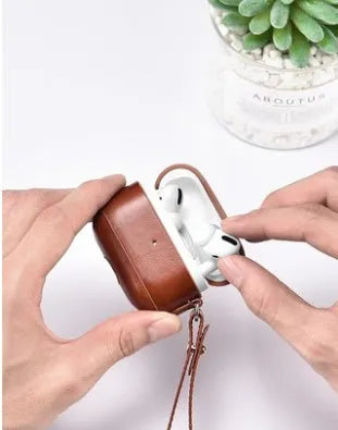 Black cowhide leather protective cover for AirPods Pro charging case with anti-lost lanyard attached