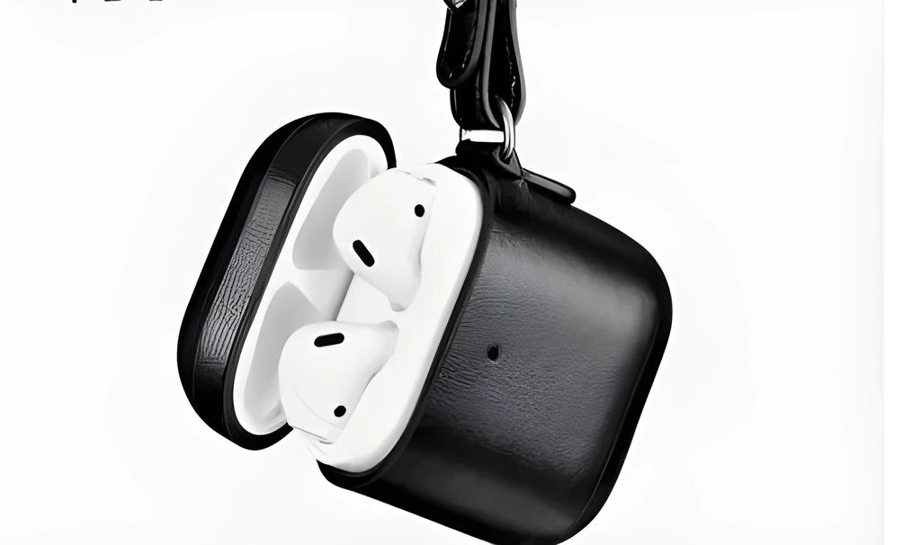 Black cowhide leather protective cover for AirPods Pro charging case with anti-lost lanyard attached