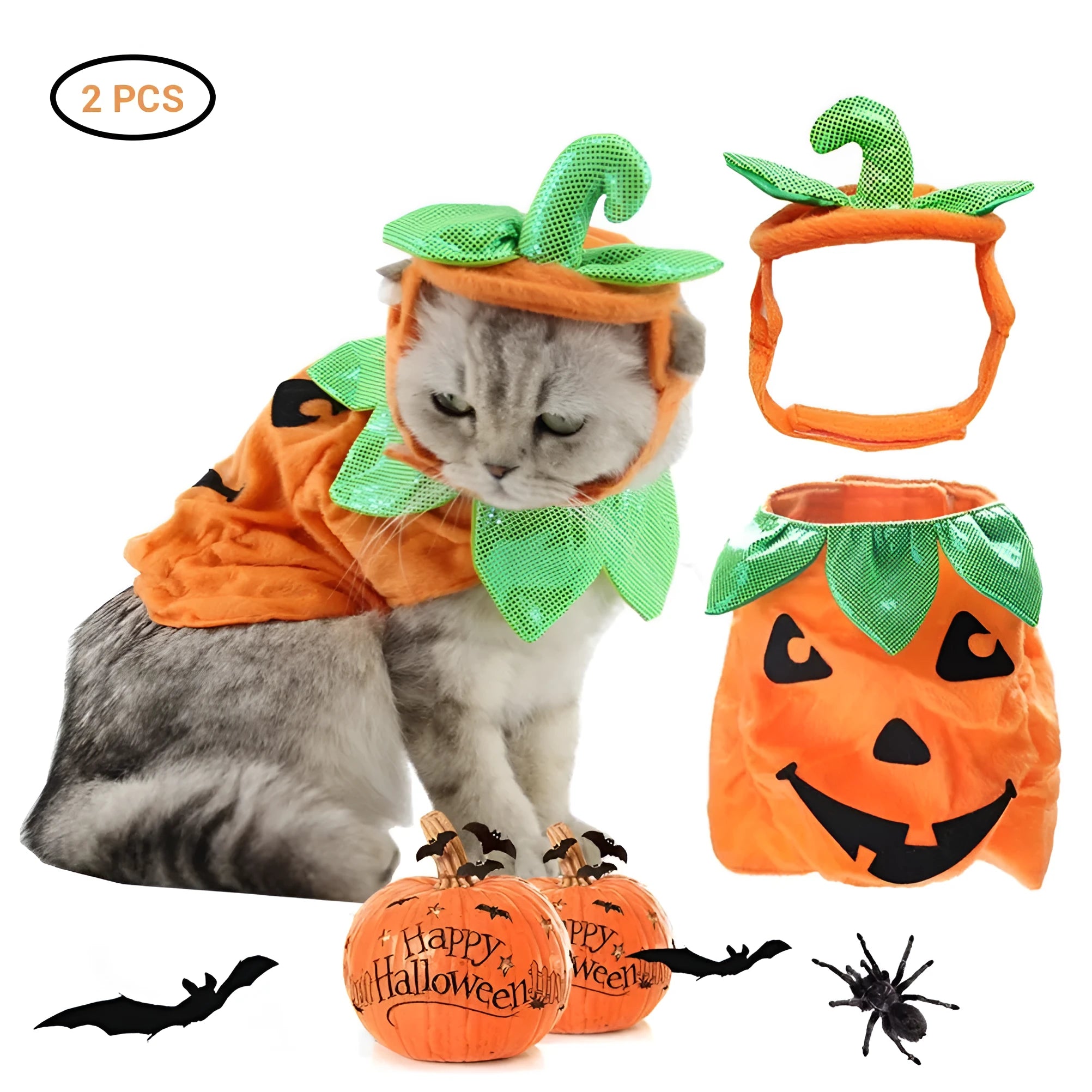 Halloween pumpkin pet costume for cats and small dogs with green leaf decoration and adjustable hat