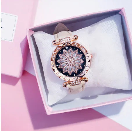 Women's full diamond bezel watch with round dial in multiple colour options showing pin buckle clasp