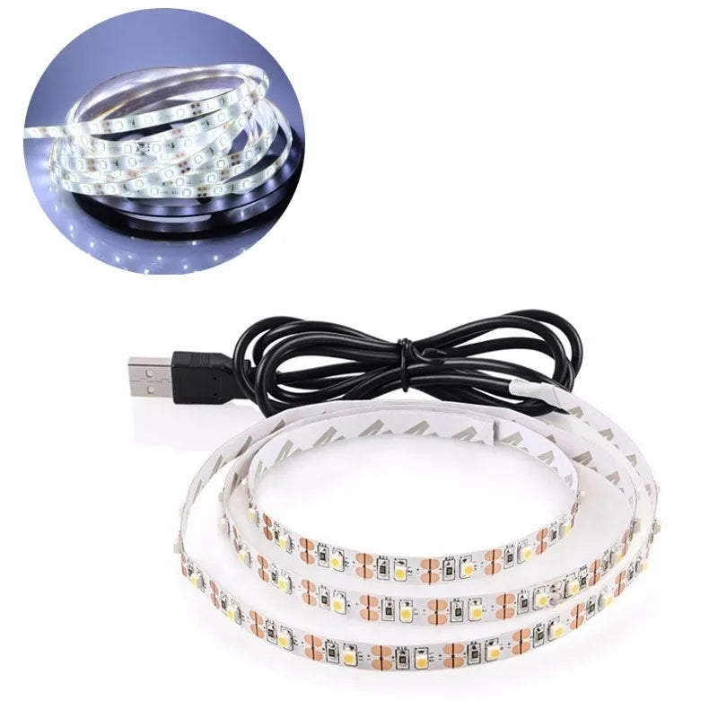 1 metre long USB LED light strip with attached cable, available in six colour options including white, blue, and red.