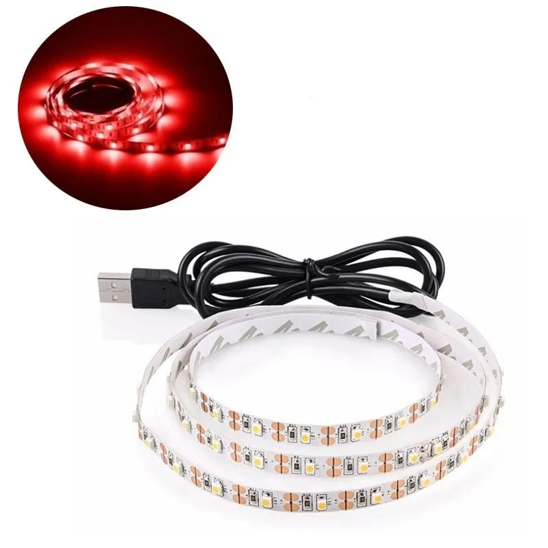 1 metre long USB LED light strip with attached cable, available in six colour options including white, blue, and red.
