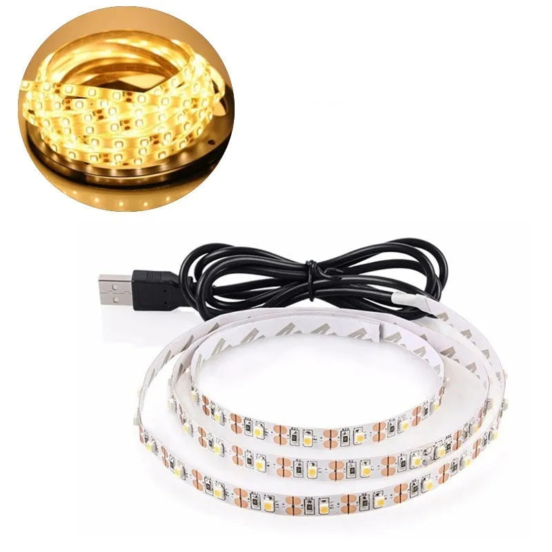 1 metre long USB LED light strip with attached cable, available in six colour options including white, blue, and red.