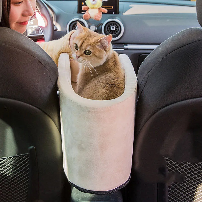 Gray car pet bed with adjustable pillow on car seat for dogs and cats