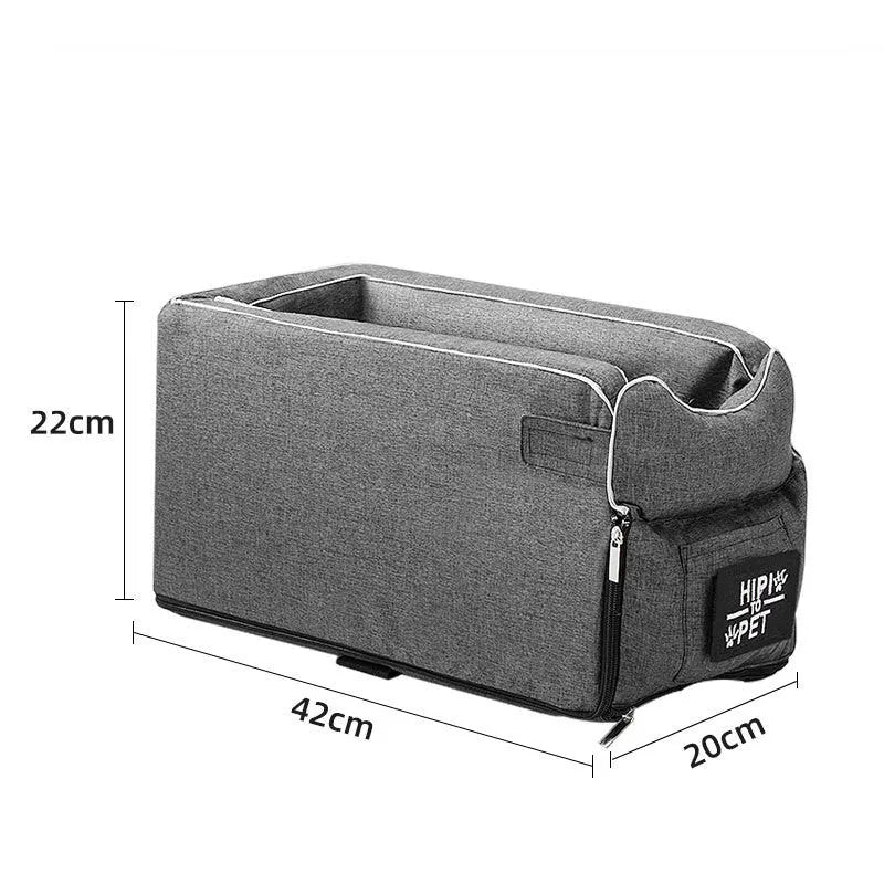 Gray car pet bed with adjustable pillow on car seat for dogs and cats