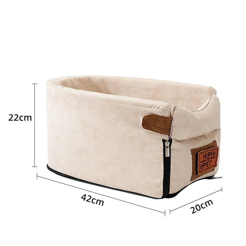 Gray car pet bed with adjustable pillow on car seat for dogs and cats