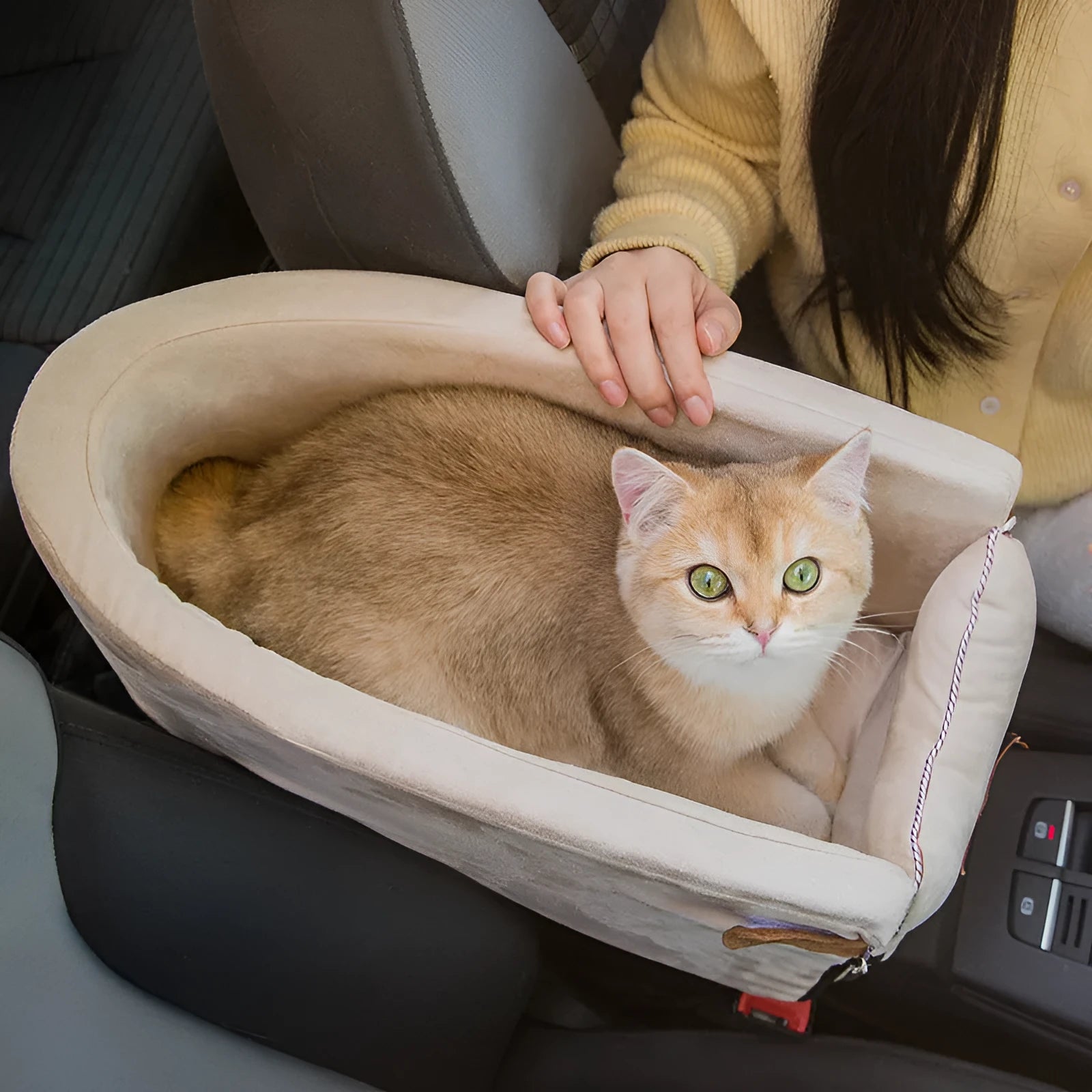 Gray car pet bed with adjustable pillow on car seat for dogs and cats