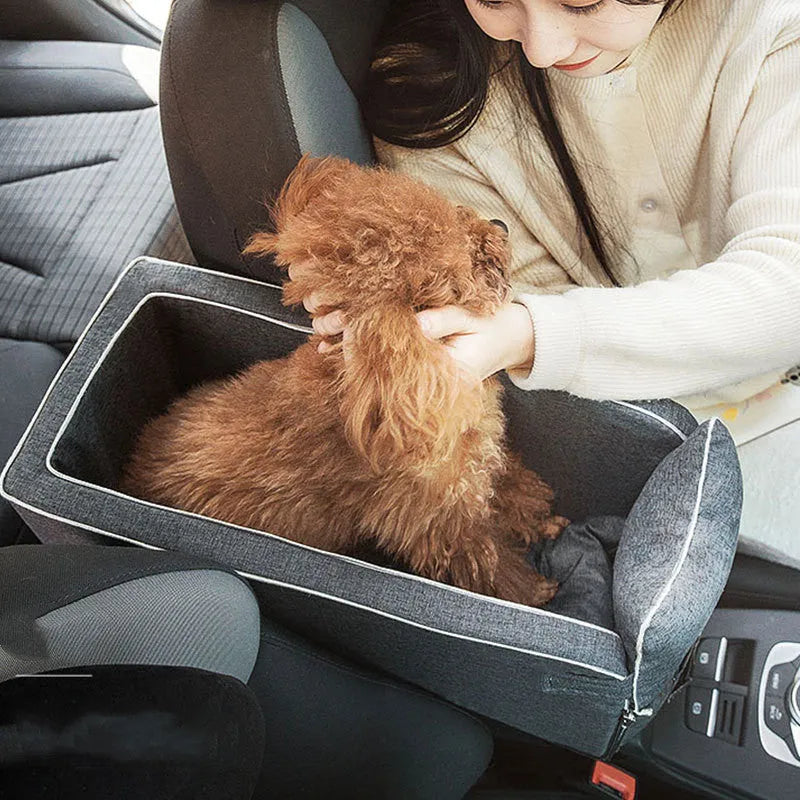 Gray car pet bed with adjustable pillow on car seat for dogs and cats