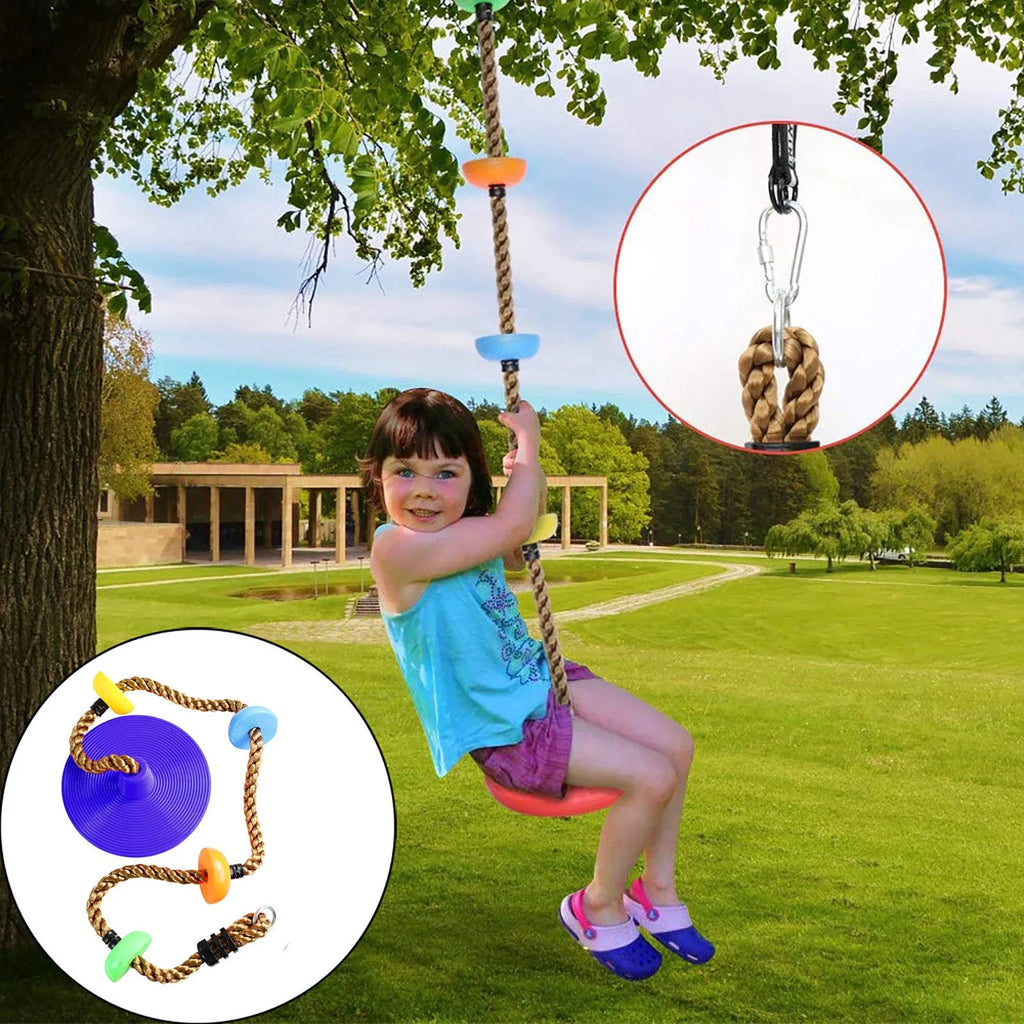 Plastic children's swing set with four colour-coded platform discs and rope for outdoor play