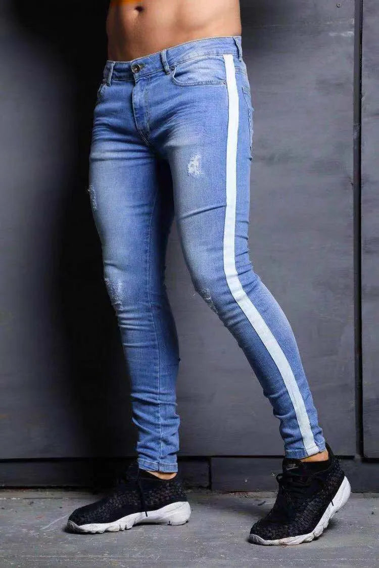 Men's black slim fit wish jeans with knee holes and mid waist design