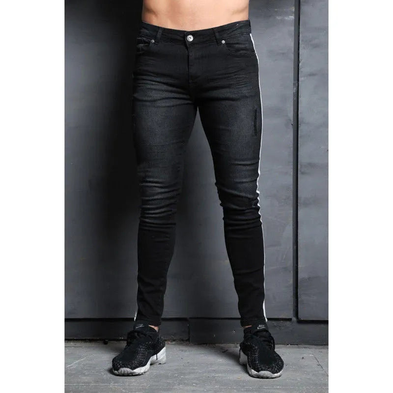 Men's black slim fit wish jeans with knee holes and mid waist design