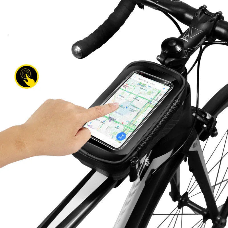 Hard shell bicycle bag in black PU leather mounted on top tube, 1L capacity
