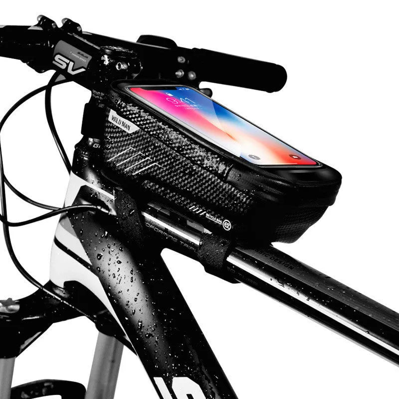 Hard shell bicycle bag in black PU leather mounted on top tube, 1L capacity