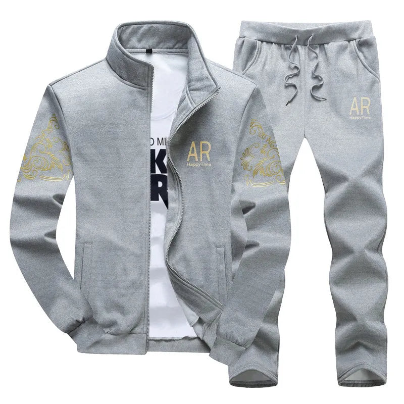 Grey cotton two-piece suit for men with zip cardigan and trousers, stand-up collar, casual outfit