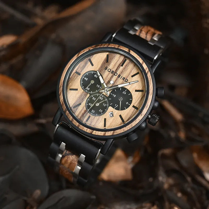 Wooden watch with pointer and number display, mineral glass, wood strap and case, with square box