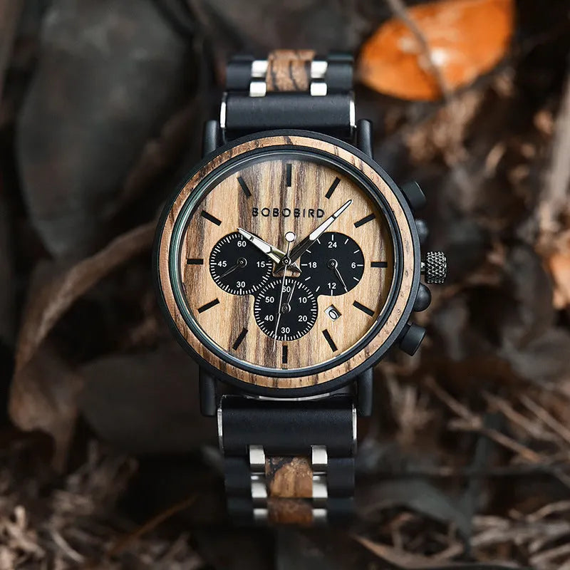 Wooden watch with pointer and number display, mineral glass, wood strap and case, with square box