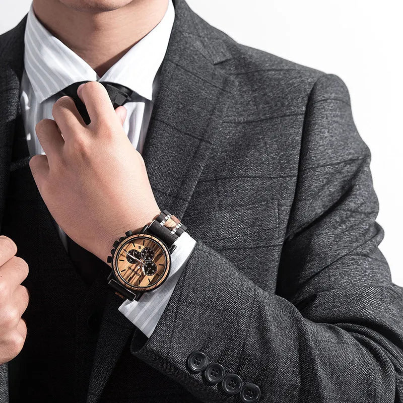 Wooden watch with pointer and number display, mineral glass, wood strap and case, with square box