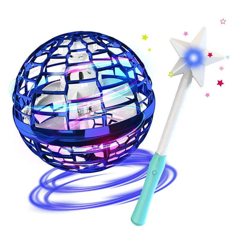 Blue LED spinning flying ball toy with magic wand accessory on white background