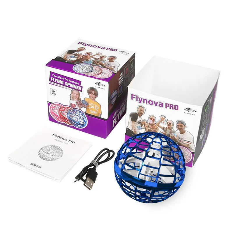 Blue LED spinning flying ball toy with magic wand accessory on white background