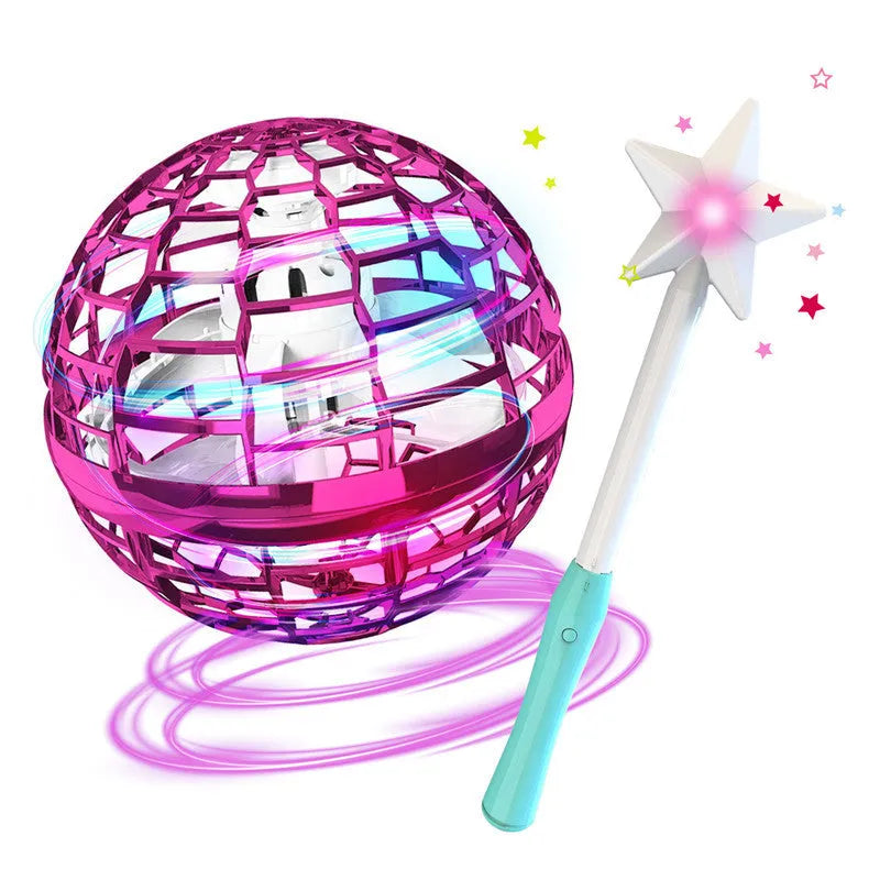 Blue LED spinning flying ball toy with magic wand accessory on white background