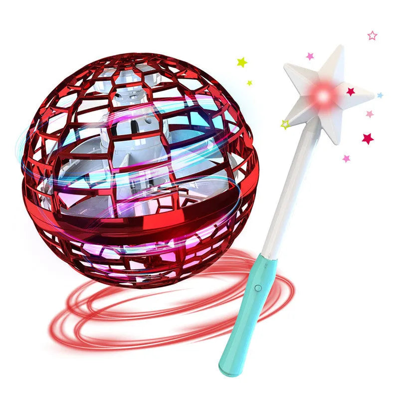 Blue LED spinning flying ball toy with magic wand accessory on white background