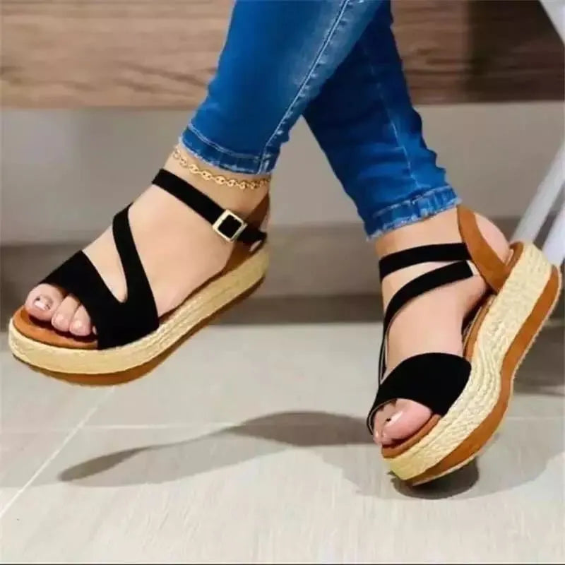 Women's PU platform sandals with hollow buckle in white – round toe, Roman style, size 35-43
