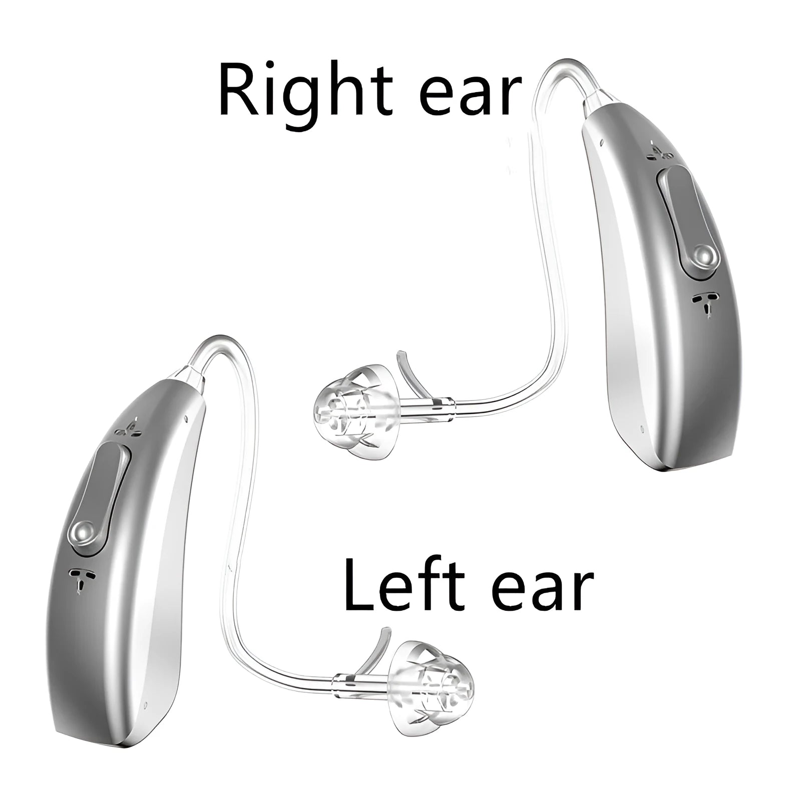 A small, wireless invisible hearing aid and its portable USB charging case.