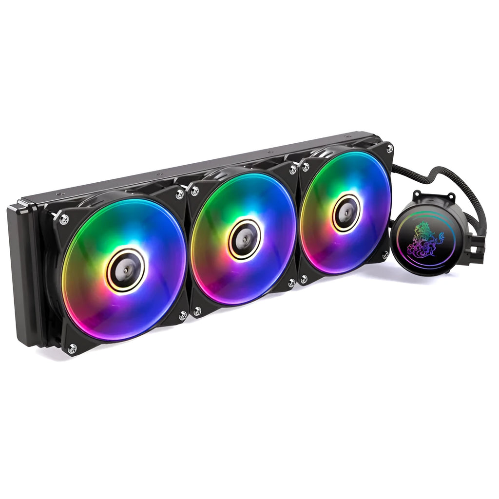 Kirin 240mm ARGB CPU water cooling radiator with colourful lighting on copper-aluminium fins