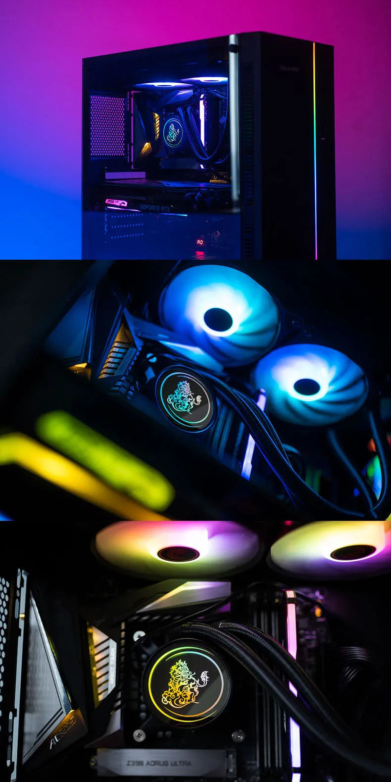Kirin 240mm ARGB CPU water cooling radiator with colourful lighting on copper-aluminium fins