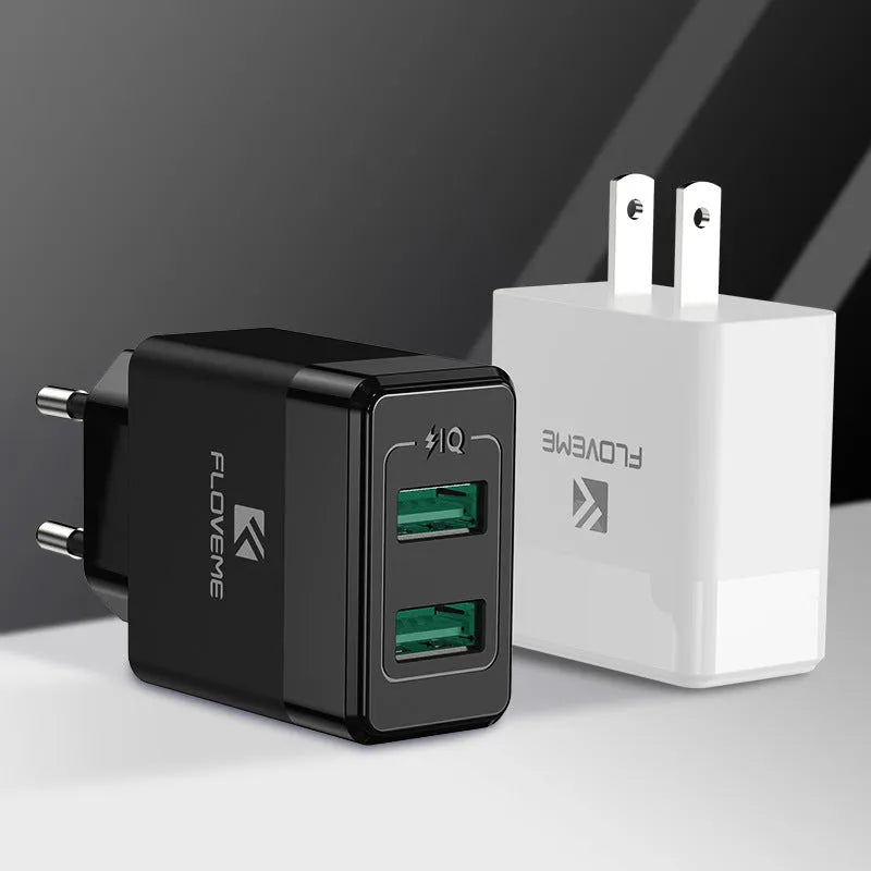 Black and white travel charger with European and American adapters for mobile phones