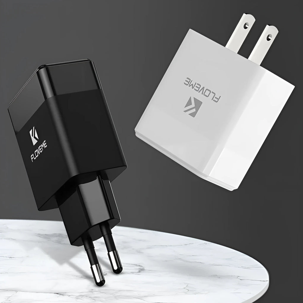 Black and white travel charger with European and American adapters for mobile phones
