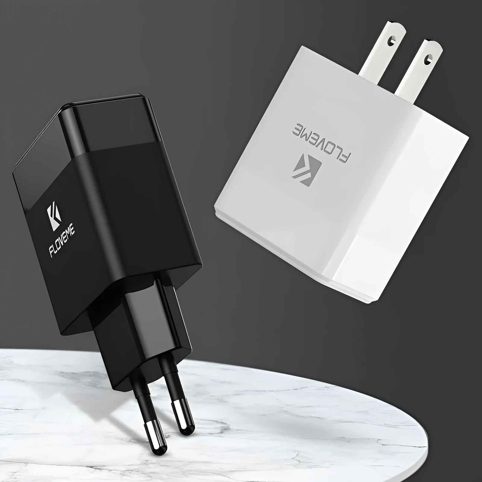 Black and white travel charger with European and American adapters for mobile phones