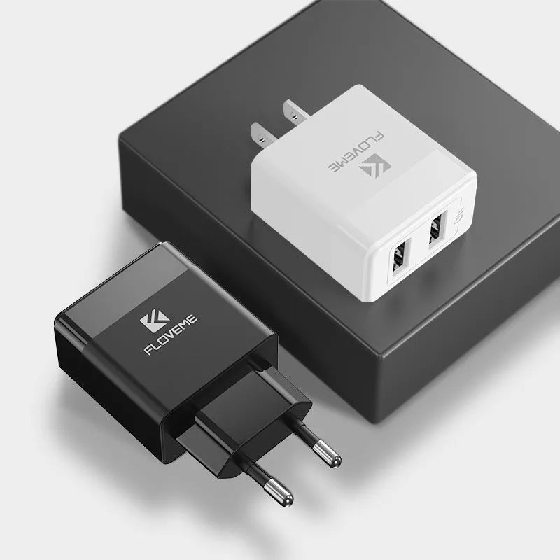 Black and white travel charger with European and American adapters for mobile phones
