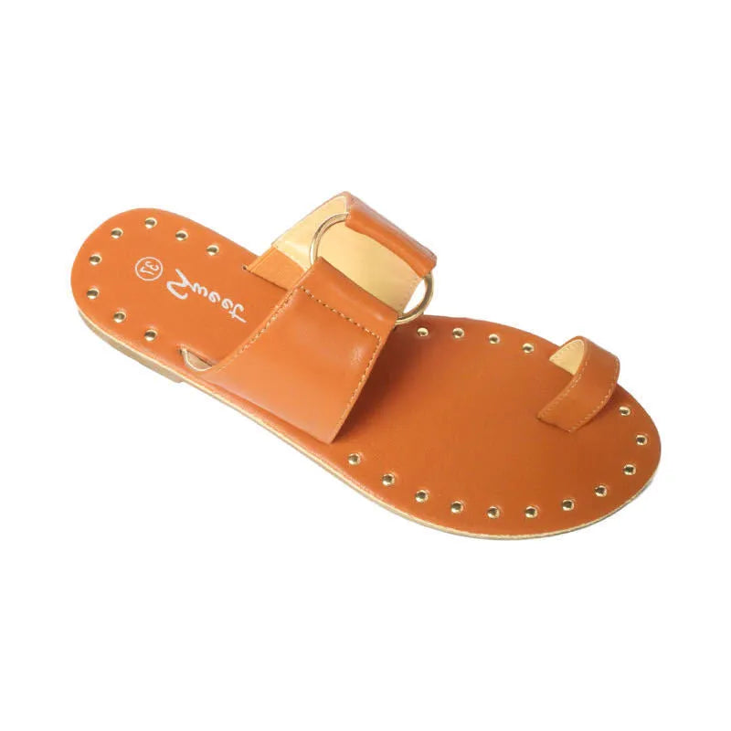 Women's summer flat sandals with rivet detail, artificial PU upper, black colour
