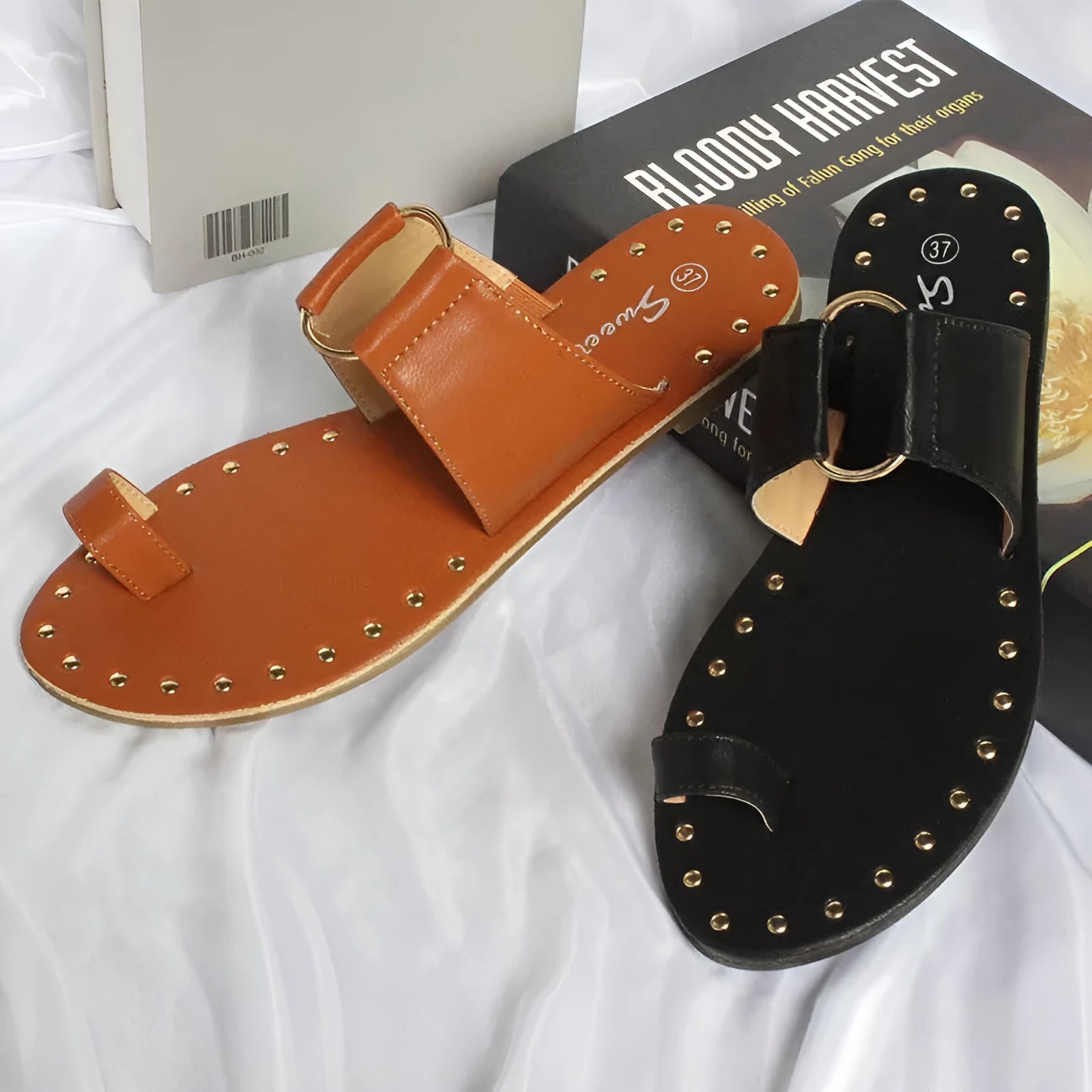 Women's summer flat sandals with rivet detail, artificial PU upper, black colour