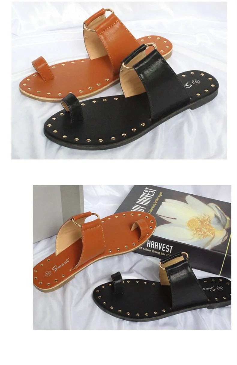 Women's summer flat sandals with rivet detail, artificial PU upper, black colour