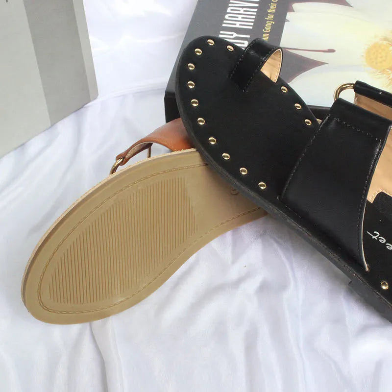 Women's summer flat sandals with rivet detail, artificial PU upper, black colour