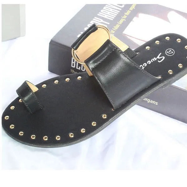 Women's summer flat sandals with rivet detail, artificial PU upper, black colour
