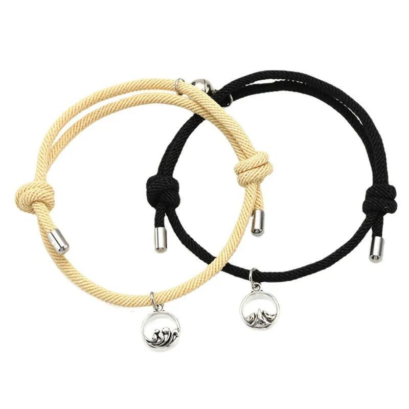 Alloy eachother couple bracelet set with magnetic buckle and carved mountains and rivers charm, adjustable size, colour beige black